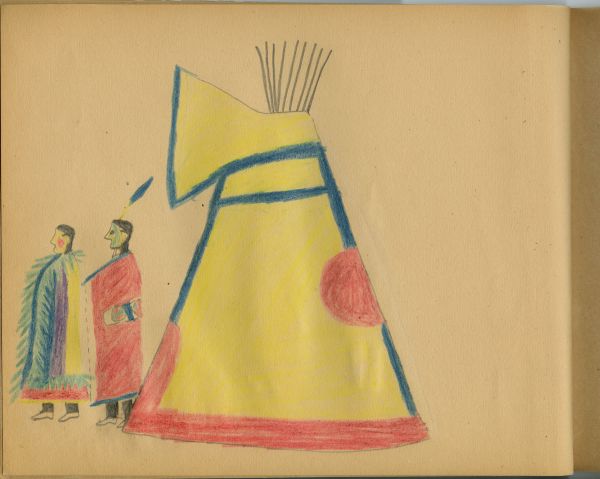 Woman in rainbow shawl and man in red blanket with blanket strip before yellow tipi with red circle