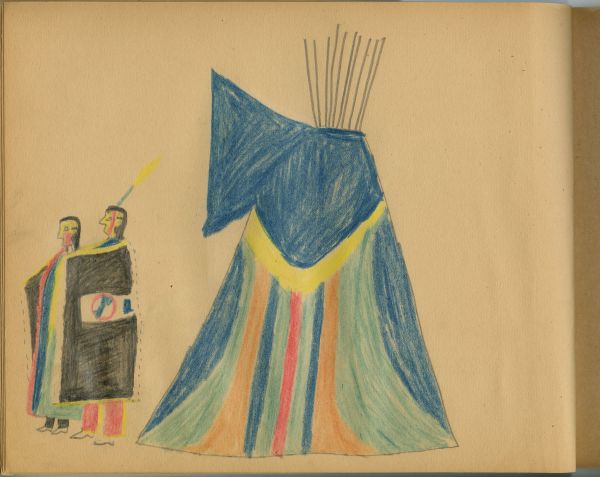Man and women in blanket with blanket strip in front of multicolor tipi