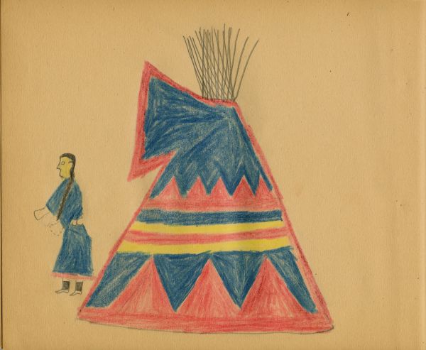 Women in blue dress before tipi in red, blue and yellow