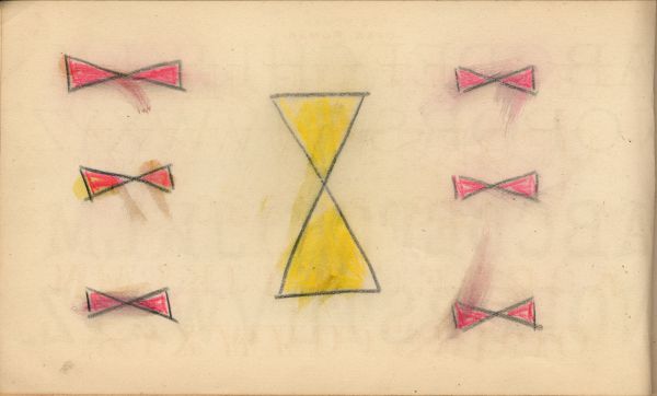 Yellow ties (joined triangles) with 3 smaller red sets on either side