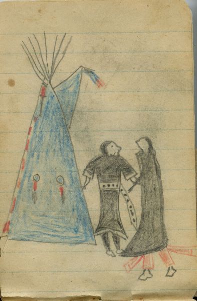 COURTING: Man and Woman Stand before a Blue Tipi
