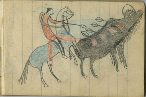 HUNTING: Man on a Blue Horse Shoots Four Arrows into a Buffalo  