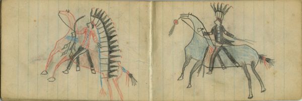 WAR: Warrior in Upright Eagle Headdress on Blue Horse   