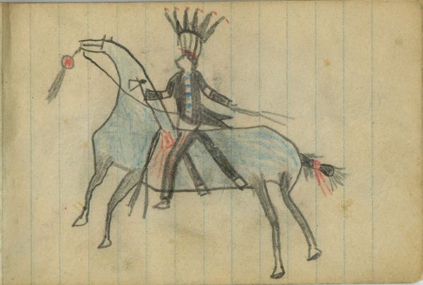 WAR: Warrior in Upright Eagle Headdress on Blue Horse   