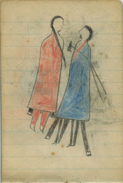 COURTING: Woman in Red Blanket, Man in Blue Blanket with Tomahawk   
