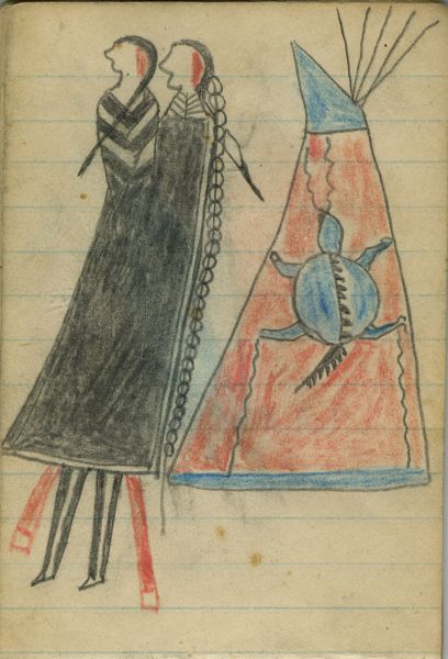 COURTING:  Man and Woman Stand before a Tipi with Turtle Design and Power Lines