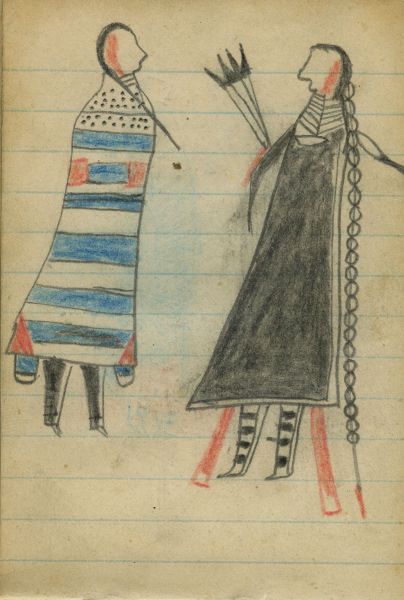 COURTING:  A Man with Eagle Fan Courts a Woman in 2nd Phase Navajo Chiefï¿½s Blanket  