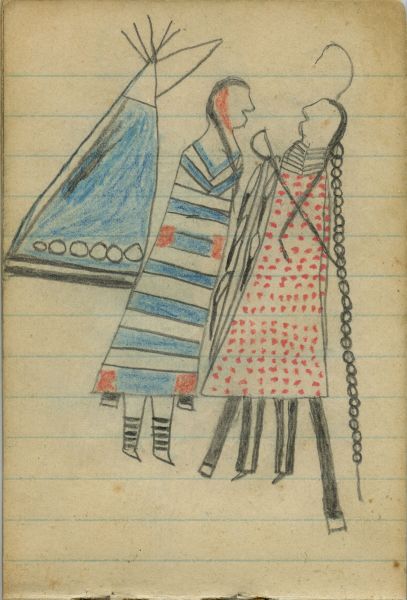 COURTING: Man in Red-Dotted Blanket Faces Woman in Second-Phase Chiefï¿½s Blanket before a Tipi