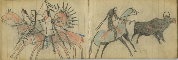 WAR:  BATTLE, Cheyenne Man Bearing a Moon Shield Overtakes Two Crow Men