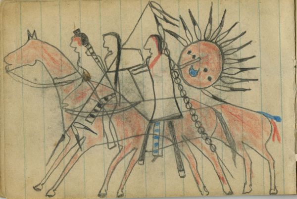 WAR:  BATTLE, Cheyenne Man Bearing a Moon Shield Overtakes Two Crow Men