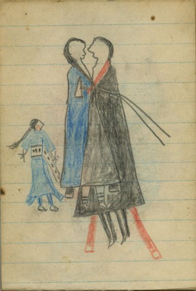 COURTING: Man in Black Blanket, Woman in Blue Blanket, and Chaperone in Blue Dress  