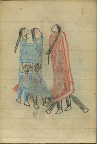COURTING: A Man in a Red Blanket Courts Two Women in a Blue Blanket  