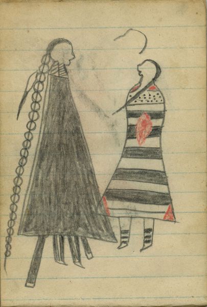 COURTING:  A Woman in Third Phase Navajo Chief's Blanket Stands with Man in Black Skunk Blanket  