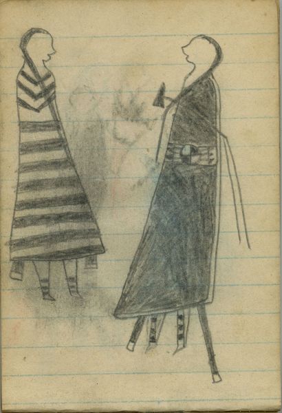 COURTING: Man, with a Tomahawk, in Blanket with Beaded Strip Faces Woman in First-Phase Navajo Chief's Blanket  