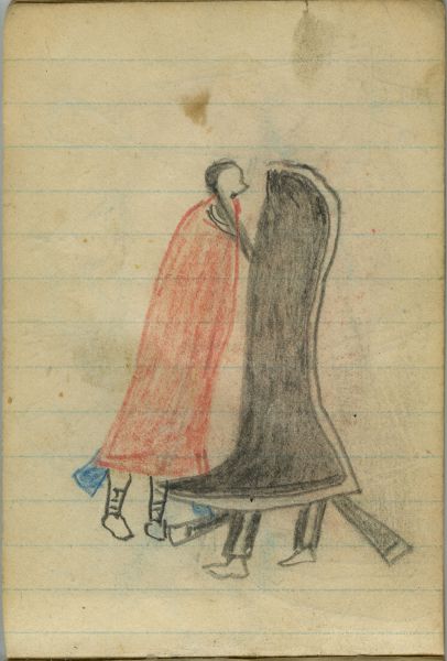COURTING: Man in Black "Skunk" Blanket and Covered Head Courts Woman in a Red Blanket  