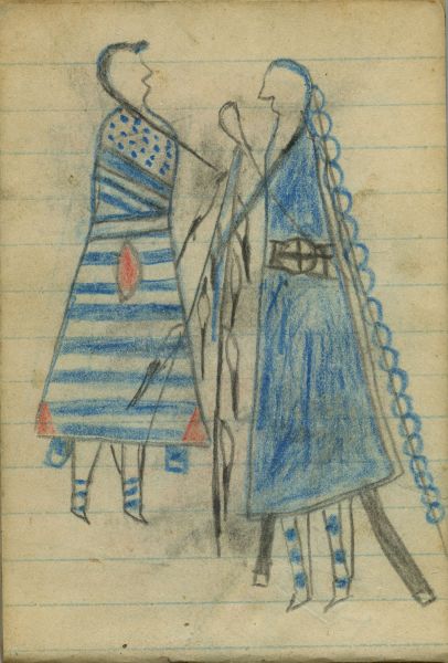 COURTING: Man in Blue Blanket with Beaded Strip Courts Woman in Second-Phase Navajo Chief's Blanket  