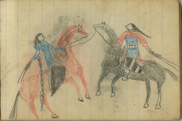 COURTING: Woman with Serrated Quirt on Black Horse Meets Man on Red Horse  