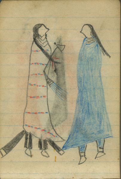 COURTING: A Woman in a Blue Blanket Faces a Man in Decorated Robe with Tomahawk  