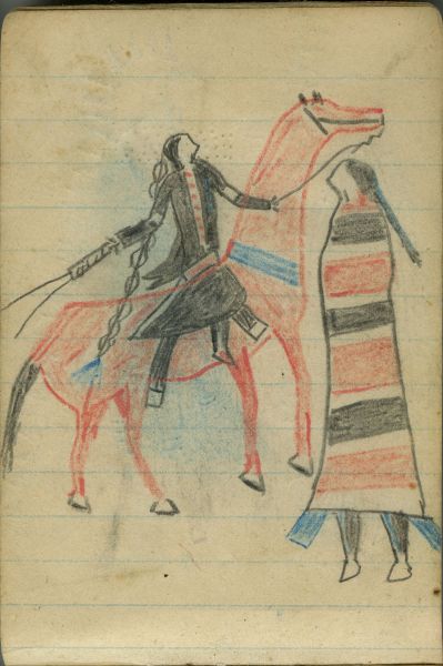 COURTING: Woman in Red-striped First Phase Navajo Chief's Blanket Meets Man on Red Horse  