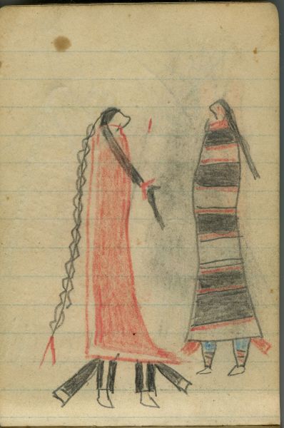 COURTING: Woman in Second Phase Navajo Chief's Blanket Faces Man in Orange Blanket  