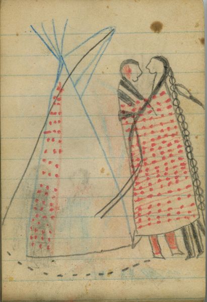 COURTING: A Couple in Red-Dotted Blanket Stand before a Tipi  
