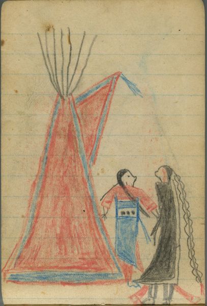 COURTING: Man in a Dark "Skunk" Blanket and Woman in Red-and-Blue Garments Stand before a Red Tipi  