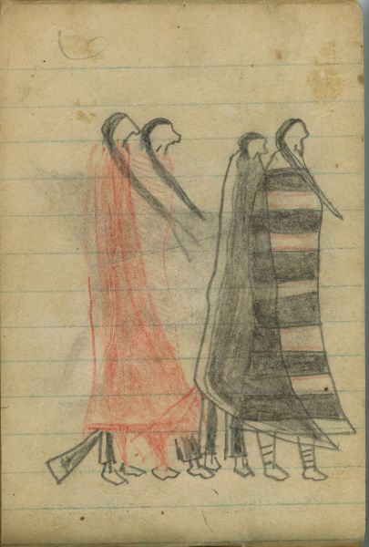 COURTING: Two Couple Walk Together; One Woman Wearsh Navajo Chief's Blanket (1st Phase with Red)