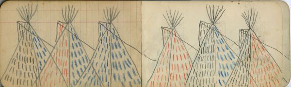CAMP SCENE: Six Tipis Decorated with Red, Blue, and Black Vertical Dashes