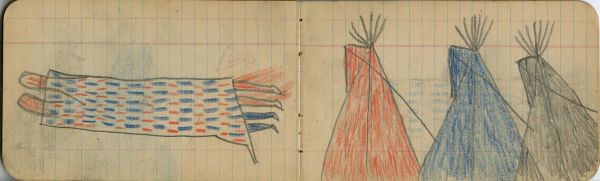 COURTING: Couple in Decorated Blanket; CAMP: 3 Tipis - Red, Blue, Black