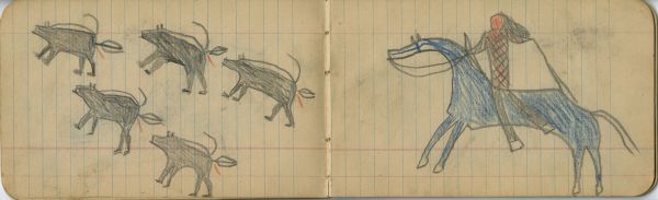 HUNTING: Man on Blue Horse with Bow Shooting 5 Skunks with Arrows