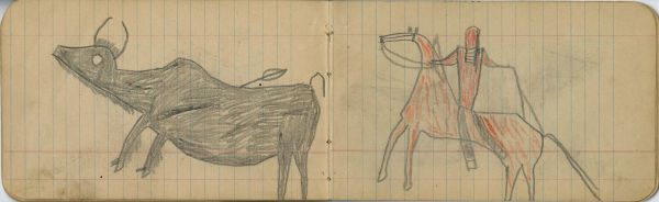 HUNTING SCENE: Man + Horse in Red with Bow and Quirt; Buffalo Wounded with Arrows