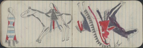 COURTING: Man on Gray Pinto Courts Woman in 2nd Phase Chief''s Blanket; WAR, WARRIOR: Man on Black Horse Carries a Lance