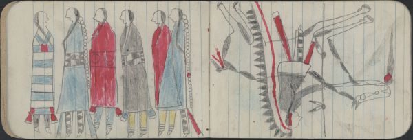 COURTING: 2 Men and 4 Women (in Blue, Black, Red, 2nd Phase Navajo Chief's Blanket); WAR, WARRIOR: Man ion White-and-gray pinto Carries a Lance