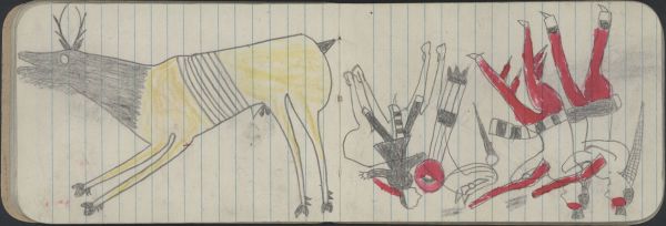 ANIMALS, ELK: Bull; WAR, BATTLE: Cheyenne Shield Carrier on White Horse Attacks Two Crow Men