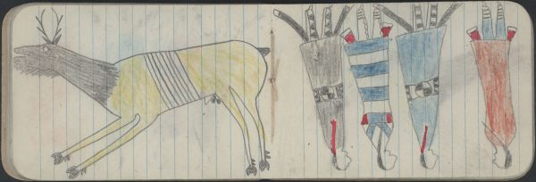 ANIMALS, ELK: Bull; COURTING, TWO COUPLES: Men Wear Beaded-Strip Blankets; Women Wear 2nd Phase Navajo Chief's Blanket and Red Blanket