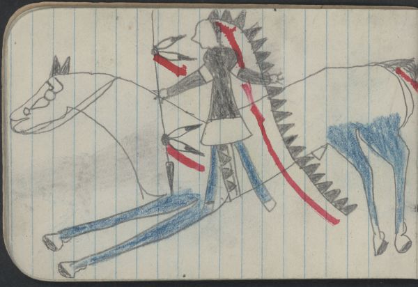 ANIMALS, ELK; WAR, WARRIOR on White Horse with Blue Legs Carries a Lance