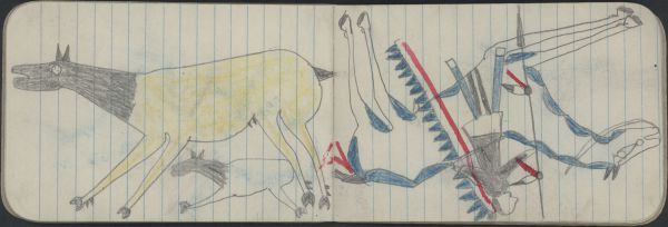 ANIMALS, ELK; WAR, WARRIOR on Blue-and-white Pinto Carries a Lance