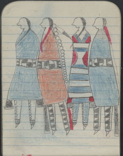 COURTING, TWO COUPLES, Women in Red Blanket and 2nd Phase Navajo Chief's Blanket; WAR, WARRIOR on Blue Horse Carries Saber