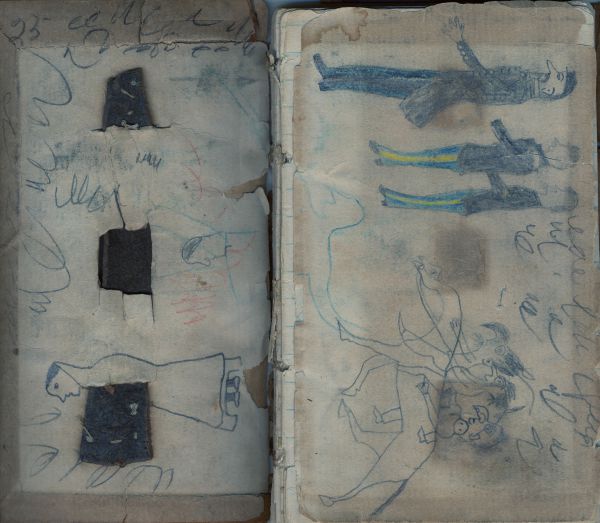 Inside cover; Woman and head of a man with grafitti | 3 soldiers; eagle men on horse; grafitti 