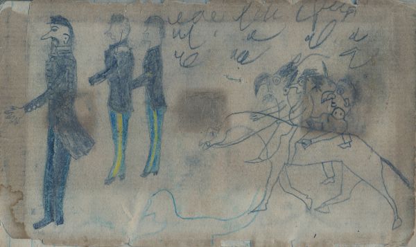 Inside cover; Woman and head of a man with grafitti | 3 soldiers; eagle men on horse; grafitti 