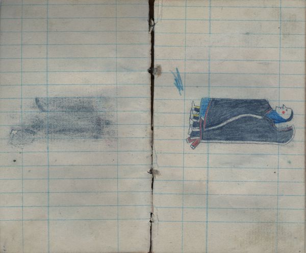 BLANK; rubbing from facing page | Standing couple; blue squiggle in foreground 