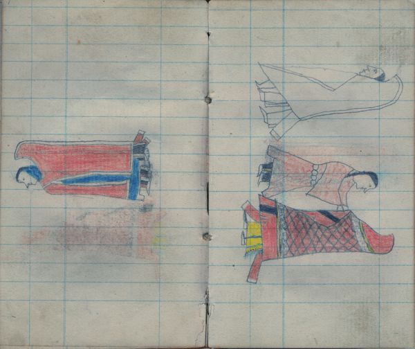 Couple, red and blue; rubbing from facing page | 2 couples: left sketched; right woman closing cape