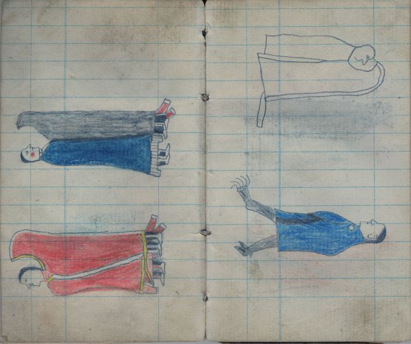 2 couples standing, red and gray / blue | Sketch and soldier with bear and buffalo feet
