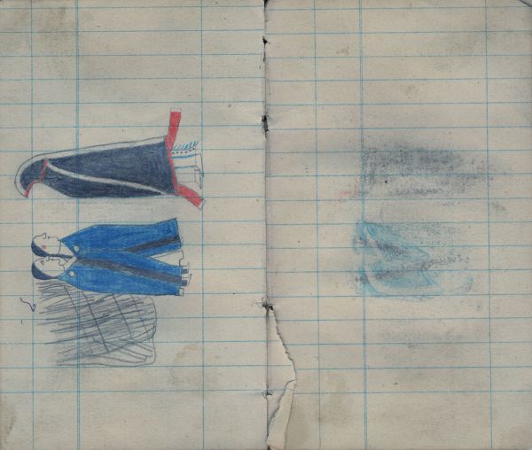 2 women in blue blanket in front of rush fence face hooded man | BLANK (rubbing from facing page & evidence of missing page) 