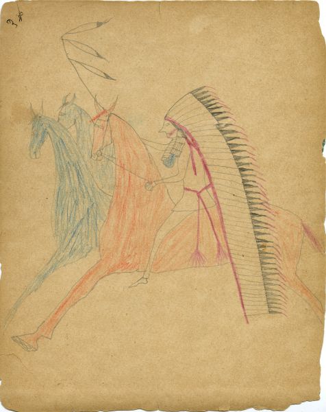 Inside front cover; Sitting Bull with single-trailer headdress on red horse stealing 2 roans.