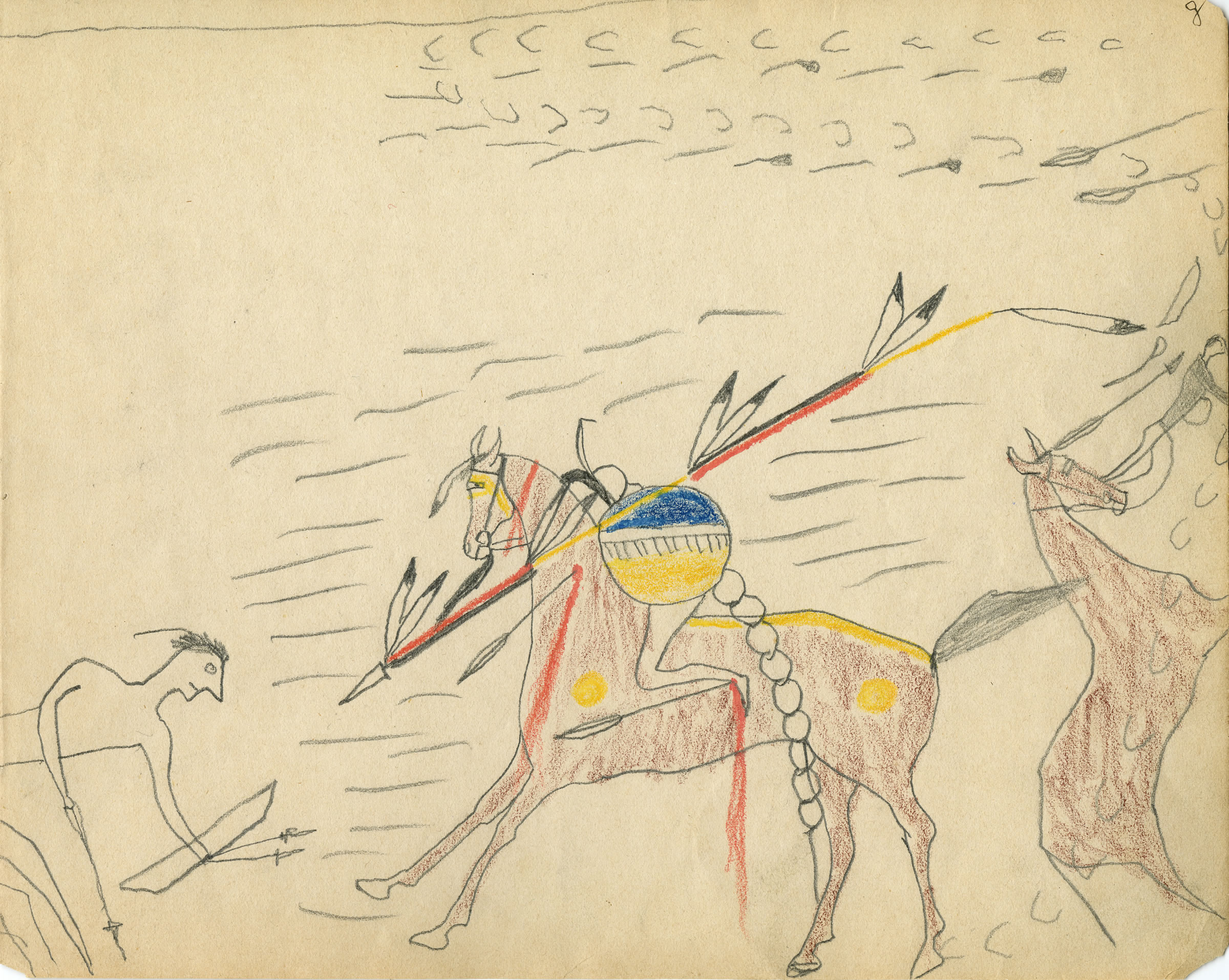 Fight against Pawnee war party. | Exploit shown in detail: Lakota warrior lancing Pawnee holding bow and arrows, cavalry man to right unhorsed and killed previously. 