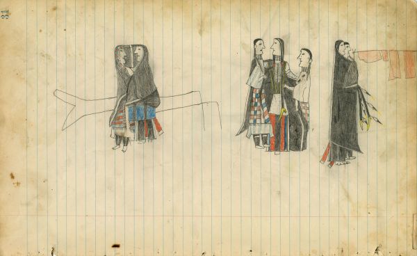 Couple sitting on log, man with 2 women, couple with hanging clothes or jerkey