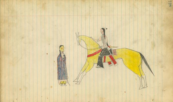 Courting man on yellow horse, woman in stripped serape