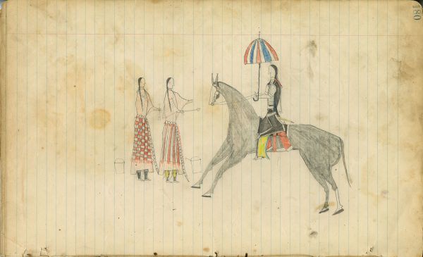 Man on horseback with parasol meets 2 women