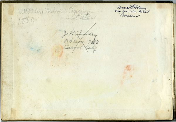 Inside front cover inscriptions:   Mescalero Indian Agency | 1880 | Katsu Thomas Finley, Maj. Gen., USA, Retired  Broodmoor | J. R. Finley  PO Box 753  Carmel, Calif.